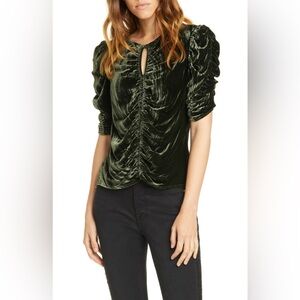 Frame Kate Ruched Shirred Puff Sleeve Velvet Keyhole Top Forest Green — Size M
